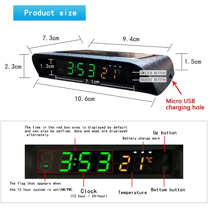 Solar Car Digital Clock Thermometer Dual Color Display Smart Switch High Precision LED Digital Clock Dashboard Solar Powered Car Electronic Clock Stick-On Luminous Car Clock Dashboard Auto Clock Car Watch Clock with Adjustable Brightness Date Temperature