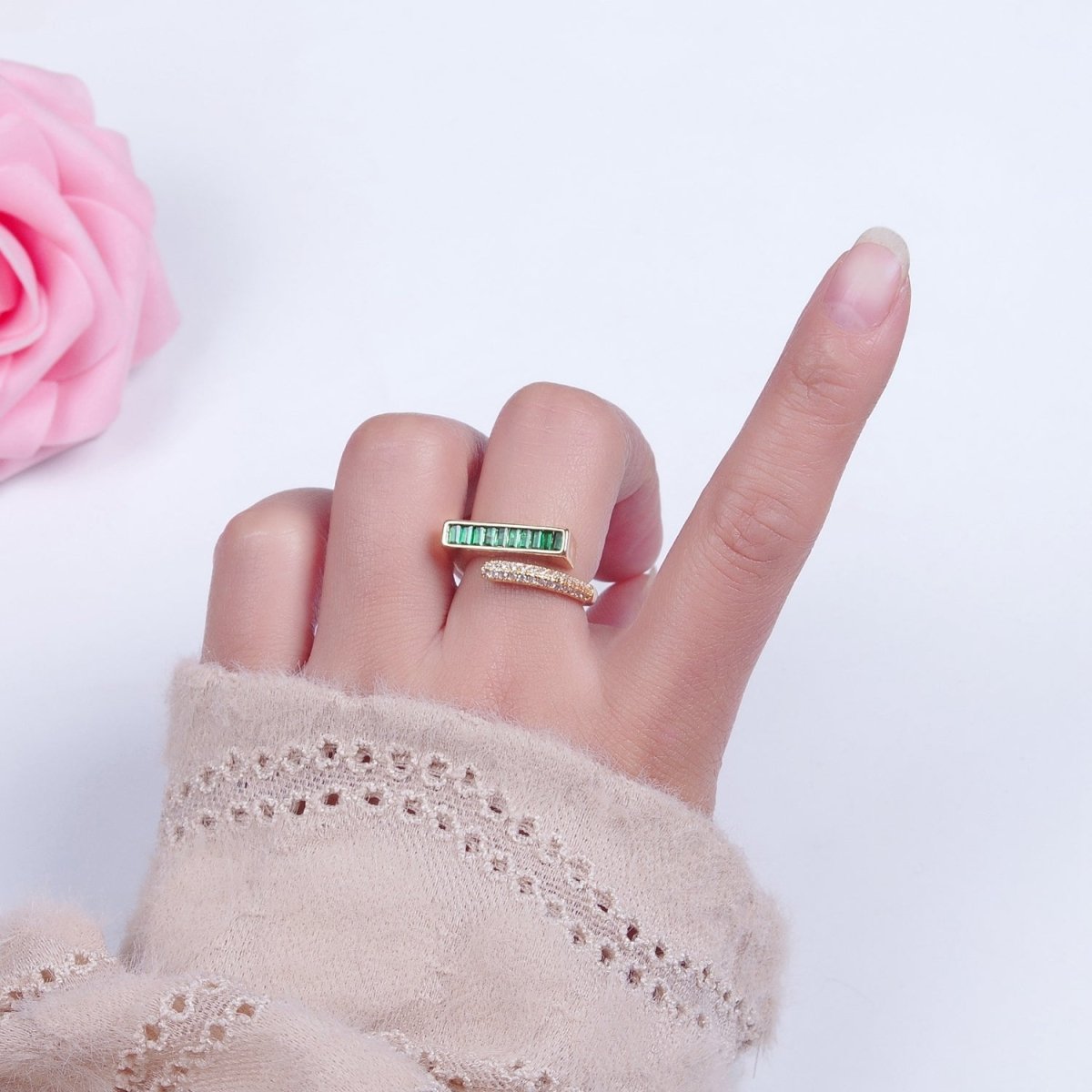 Stackable Gold Pave Baguette Green / Clear CZ Ring O-2232 O-2233