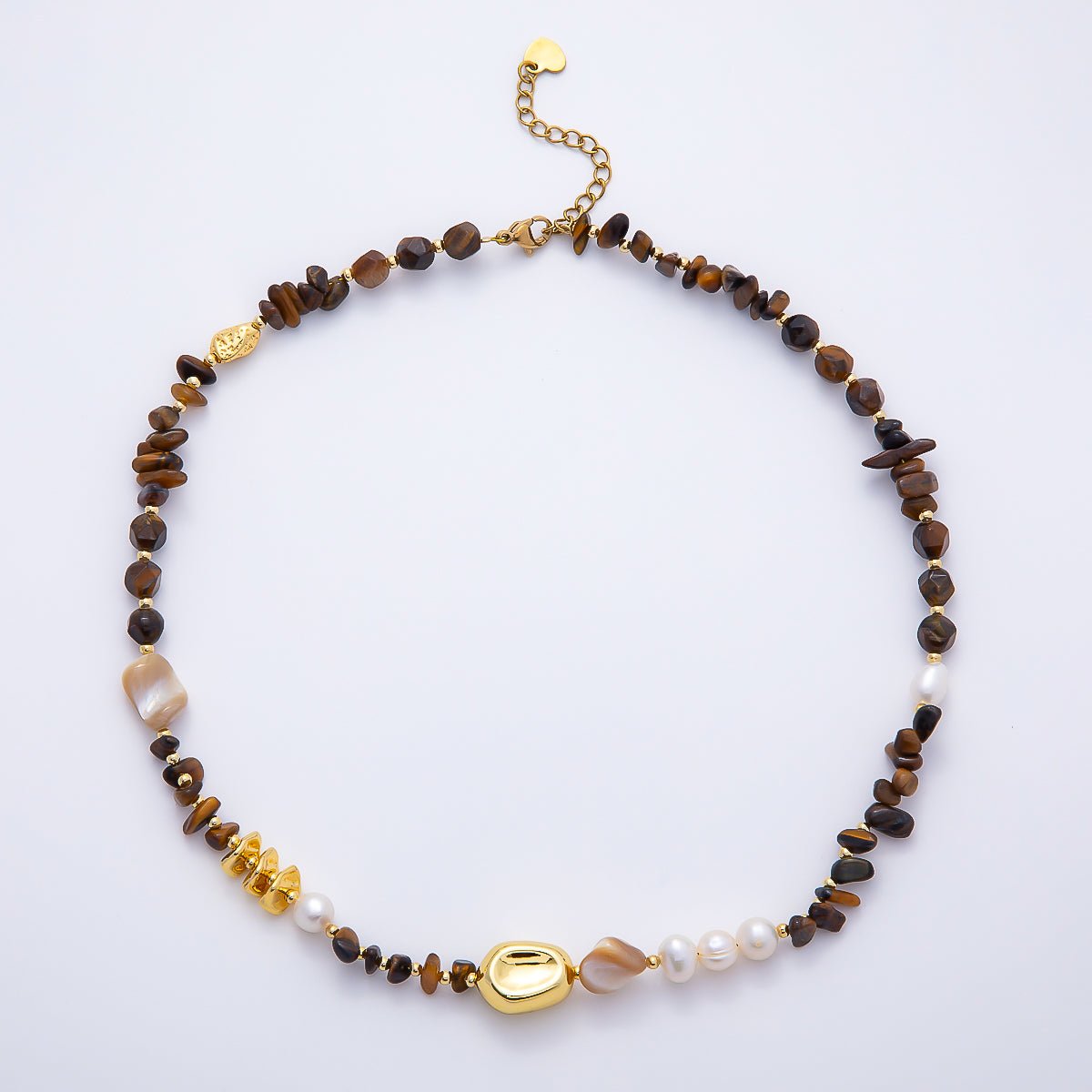 Stainless Steel 8mm White Shell Pearl Tiger Eye Biwa Pebble Multifaceted Gemstone Chain 16 Inch Necklace | WA-04726