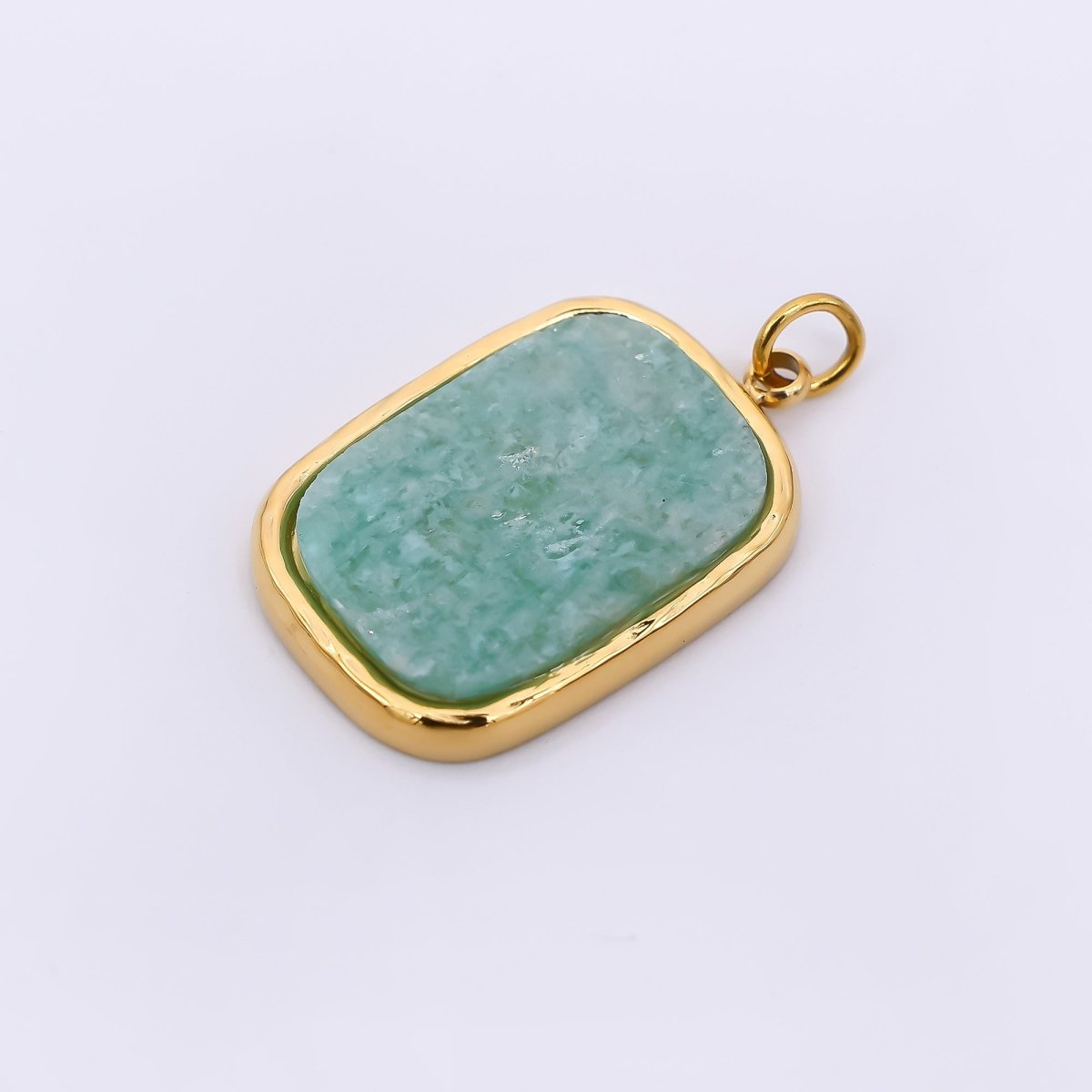 Stainless Steel 21mm Rectangle Natural Gemstone Amazonite & Red Jasper Foil Pendant Charm | J-354