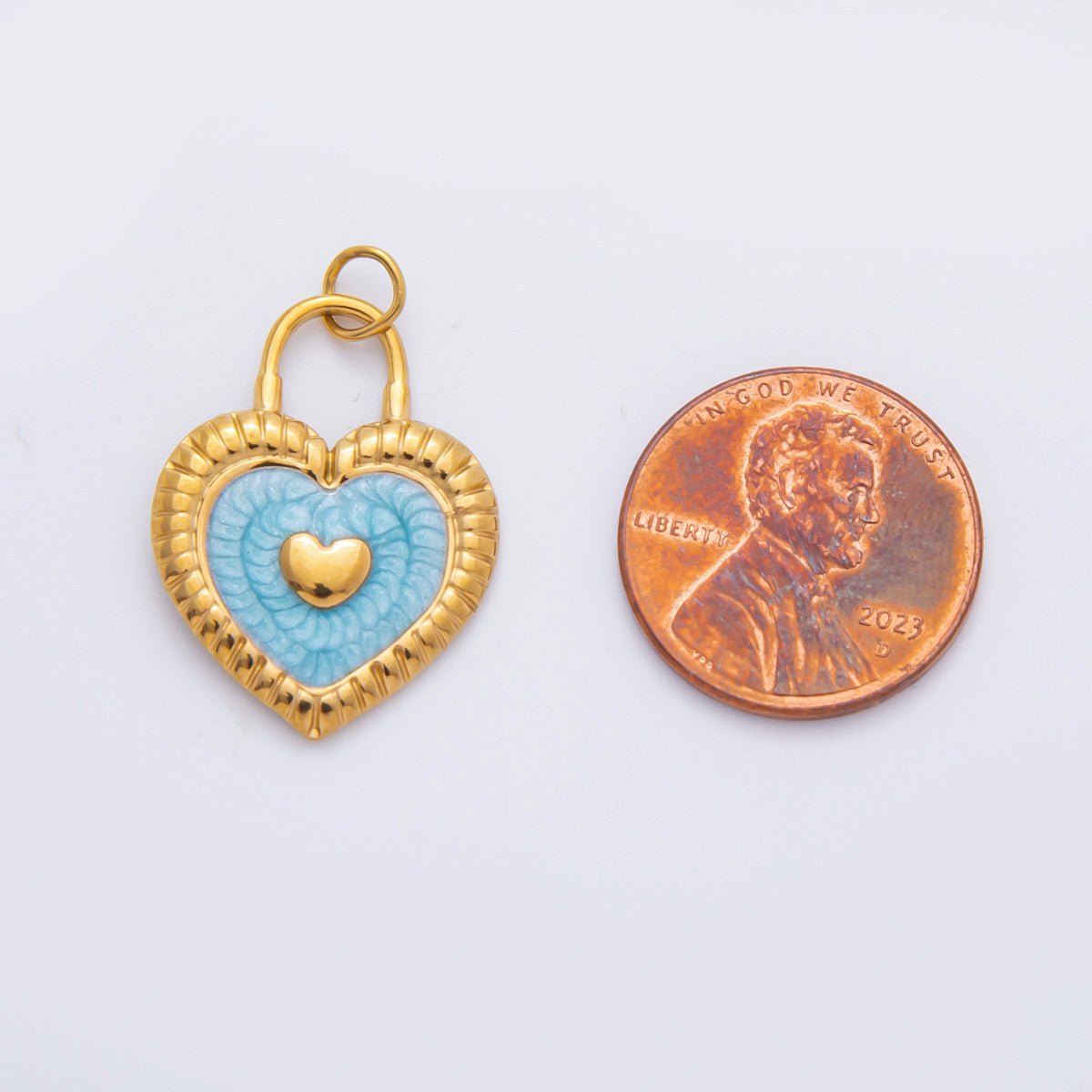 Stainless Steel 27mm Pink, Blue Enamel Ribbed Heart Padlock Charm | C316