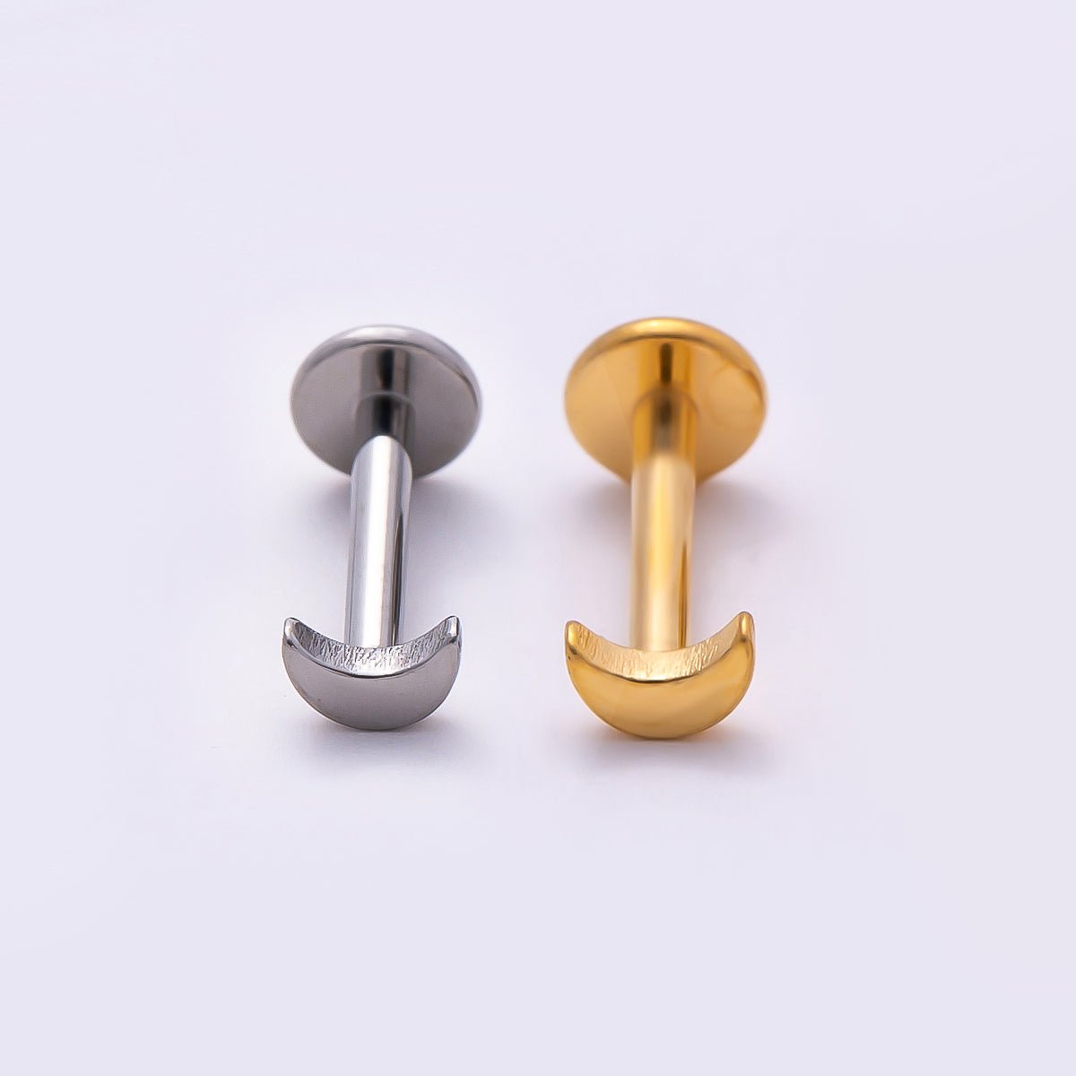 Titanium 2mm Minimalist Crescent Moon Single Cartilage Piercing Flat Back Stud in Gold & Silver | BJ-00051 BJ-00052