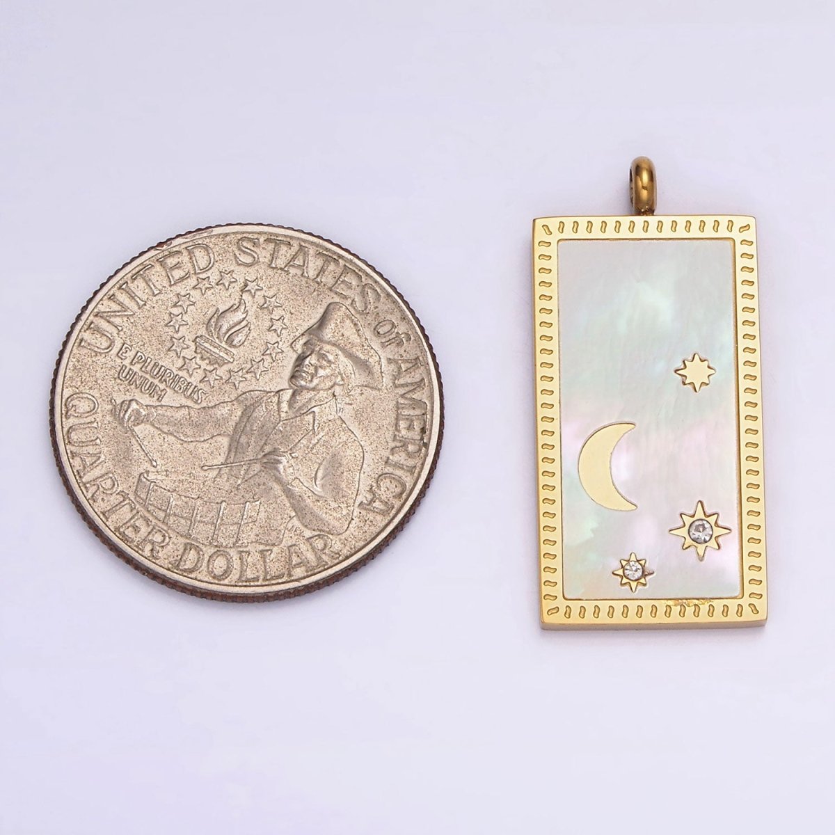 Stainless Steel 30mm Celestial Crescent Moon Star Shell Pearl Rectangular Tag Charm in Gold & Silver | P-669 P-670