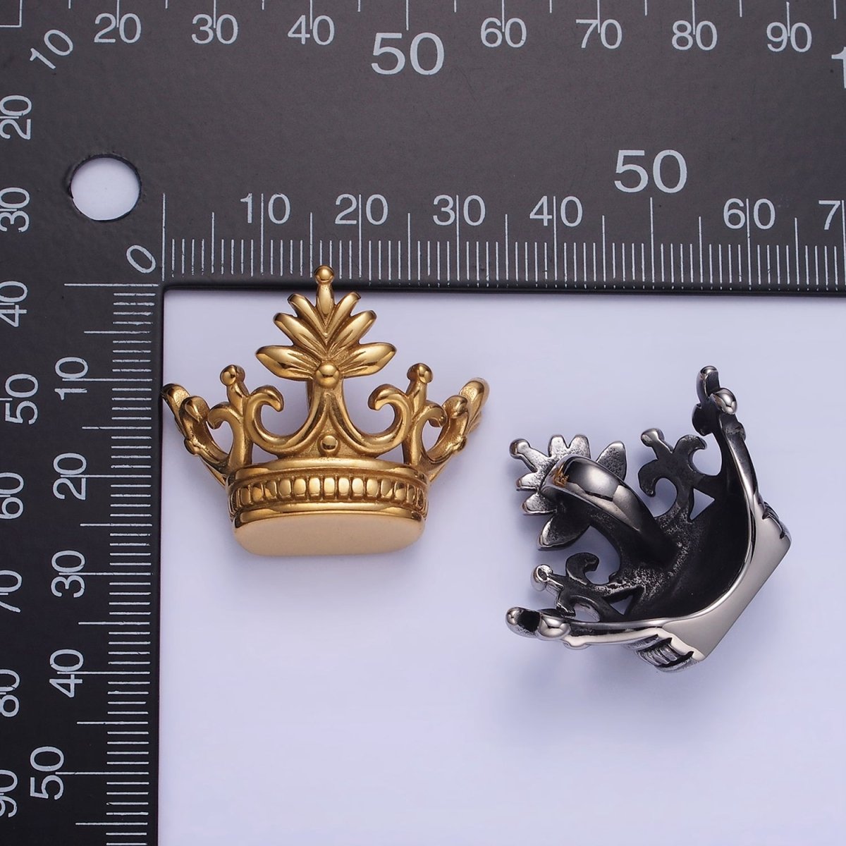 Stainless Steel 30mm Leaf Royal Crown Back Loop Pendant in Gold & Silver | P-01386