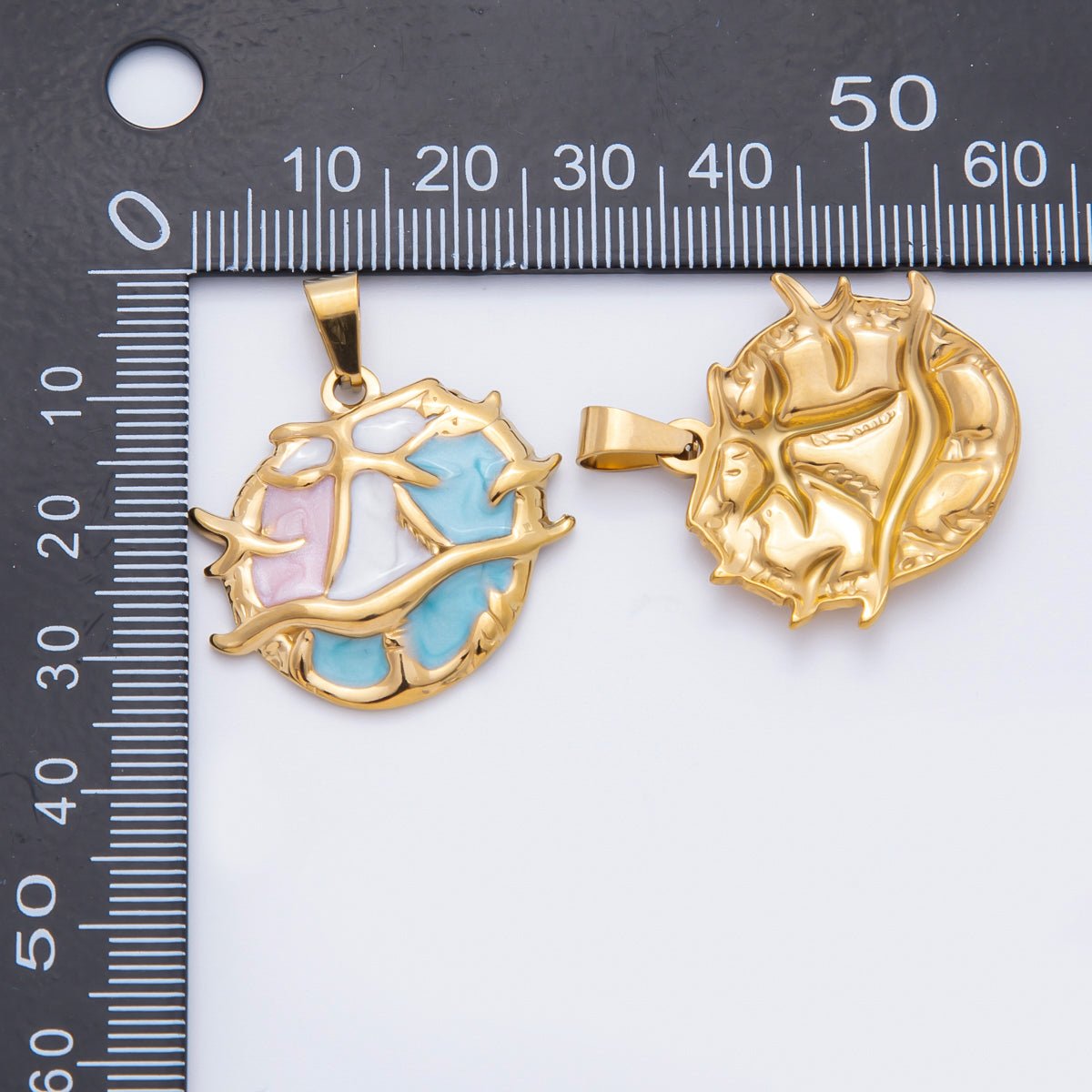 Stainless Steel 32mm Blue White Pink Enamel Art Under the Sea Coral Pendant | P-822