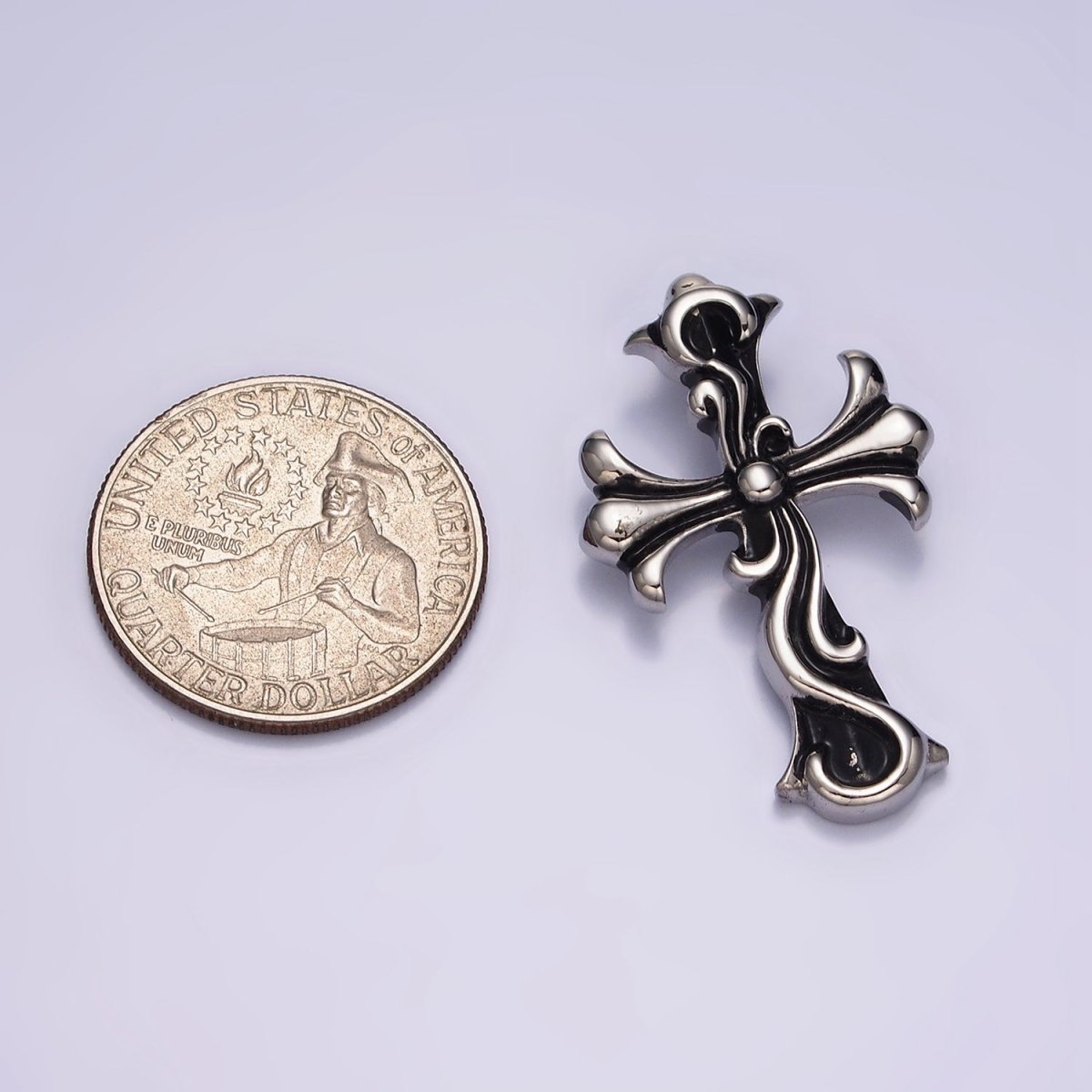 Stainless Steel 35mm Twirl Ribbon Fleury Cross Charm P-553