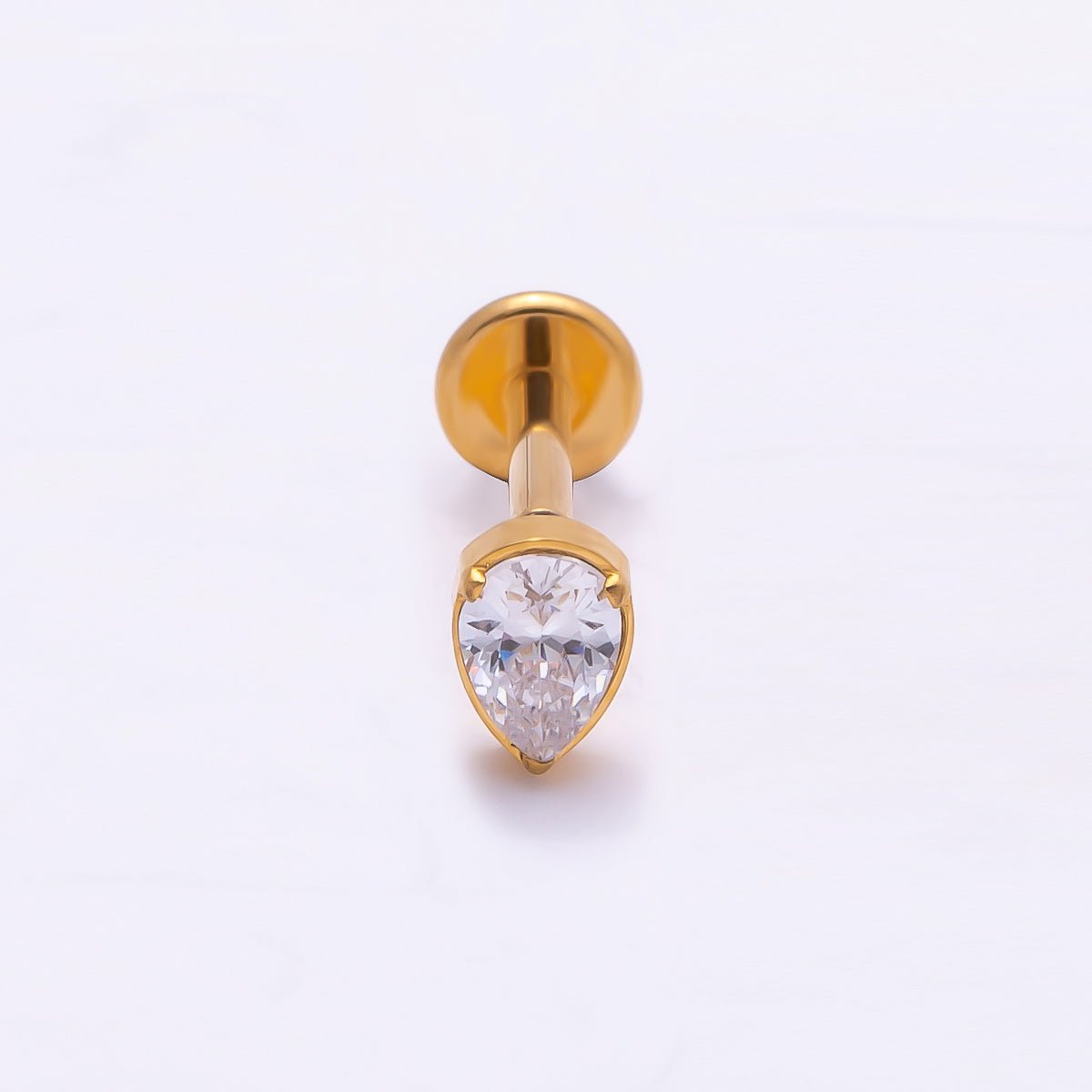 Titanium 4.5mm Clear CZ Teardrop Single Cartilage Piercing Flat Back Stud in Gold & Silver | BJ-00009 BJ-00010