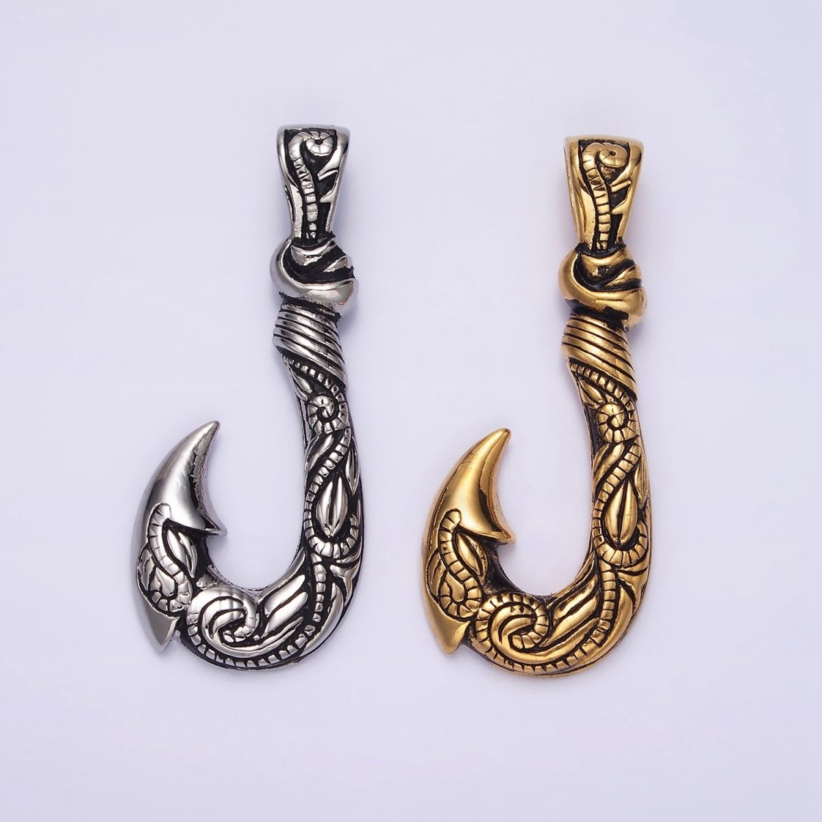 Stainless Steel 47mm Fish J-Hook Vine Engraved Pendant in Silver & Gold | P-779