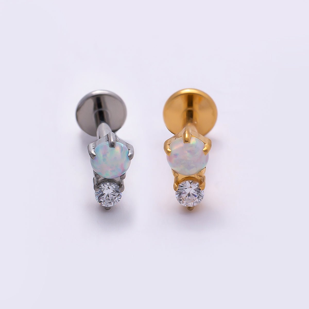 Titanium 6mm White Opal Clear CZ Single Cartilage Piercing Flat Back Stud in Gold & Silver | BJ-00053 BJ-00054