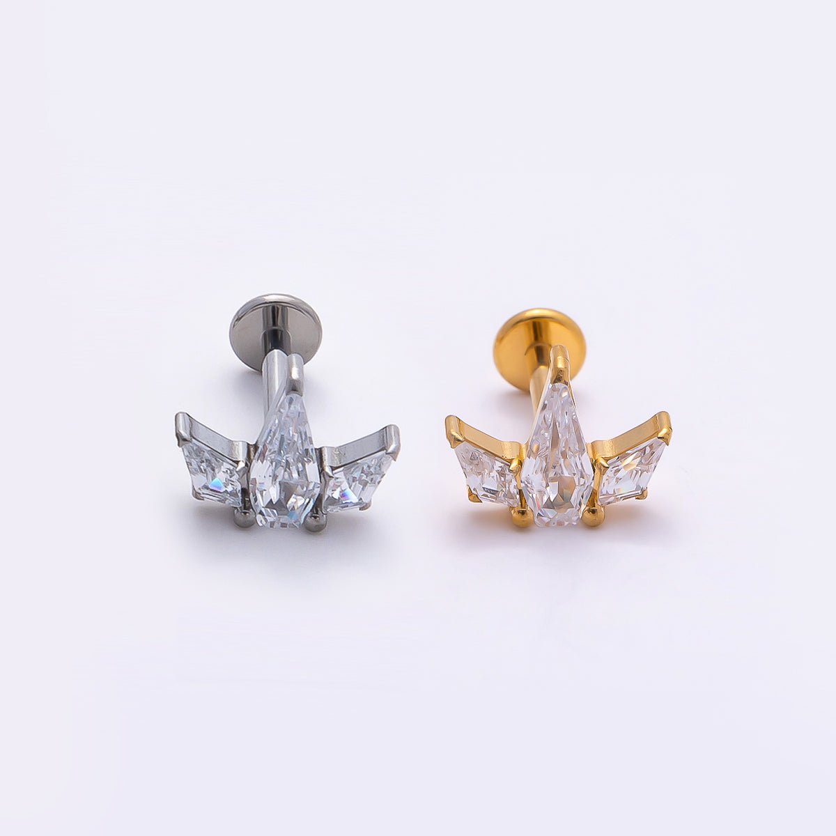 Titanium 7.5mm Clear CZ Geometric Mini Single Cartilage Piercing Flat Back Stud in Gold & Silver | BJ-00003 BJ-00004