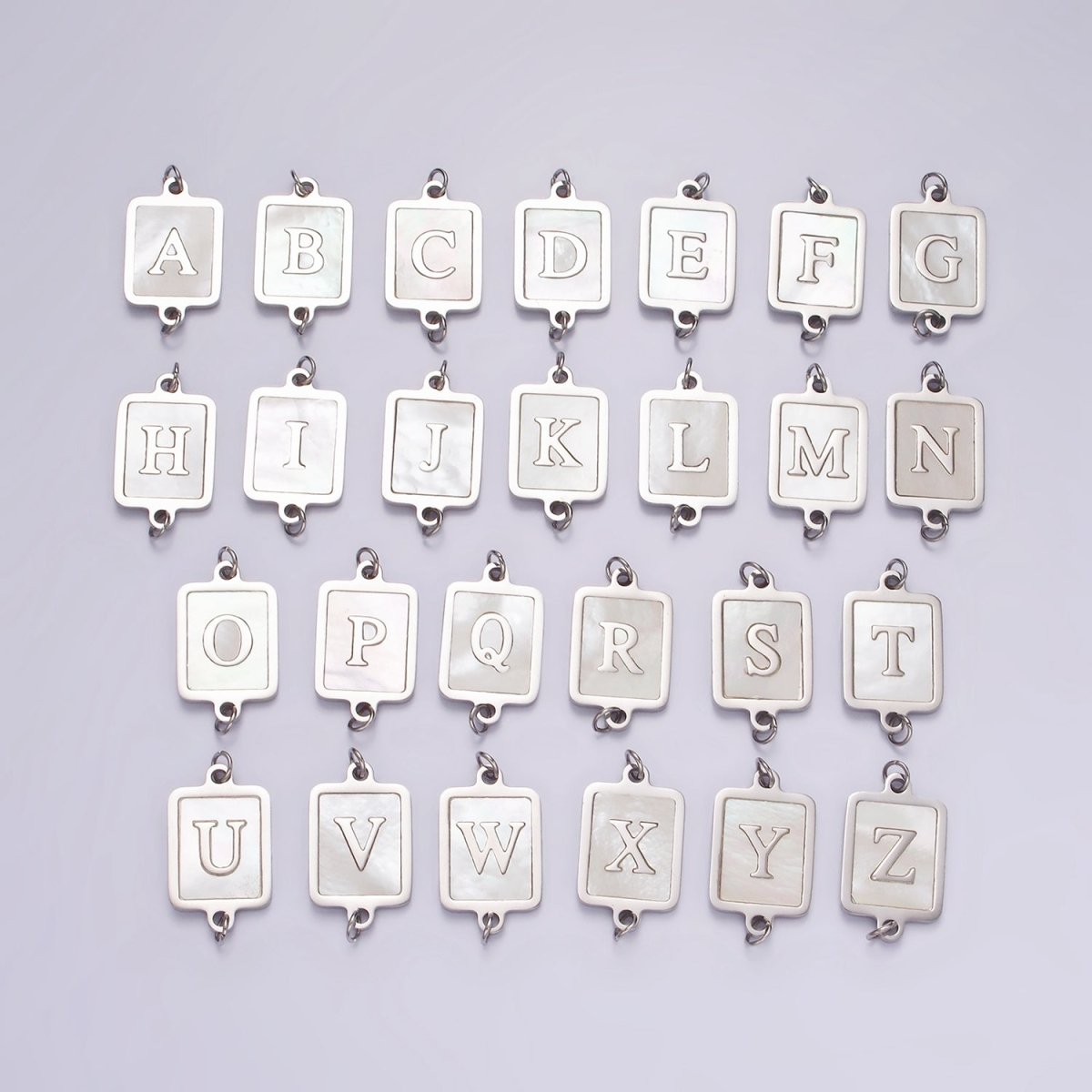 Stainless Steel A-Z Initial Letter Alphabet Shell Pearl Rectangular Silver Connector | A-A1106-A-A1118