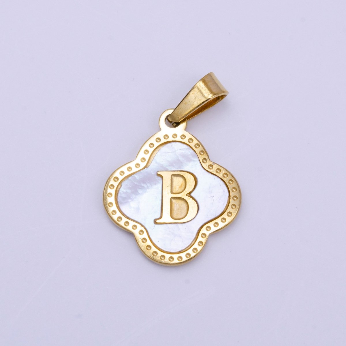 Stainless Steel A-Z Initial Letter Shell Pearl Quatrefoil Clover Gold Pendant | A-741-A-753