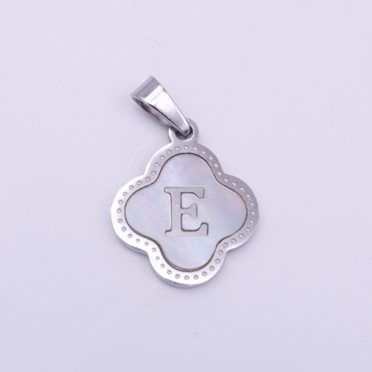 Stainless Steel A-Z Initial Letter Shell Pearl Quatrefoil Clover Silver Pendant Lucky Charm | A-754-A-766