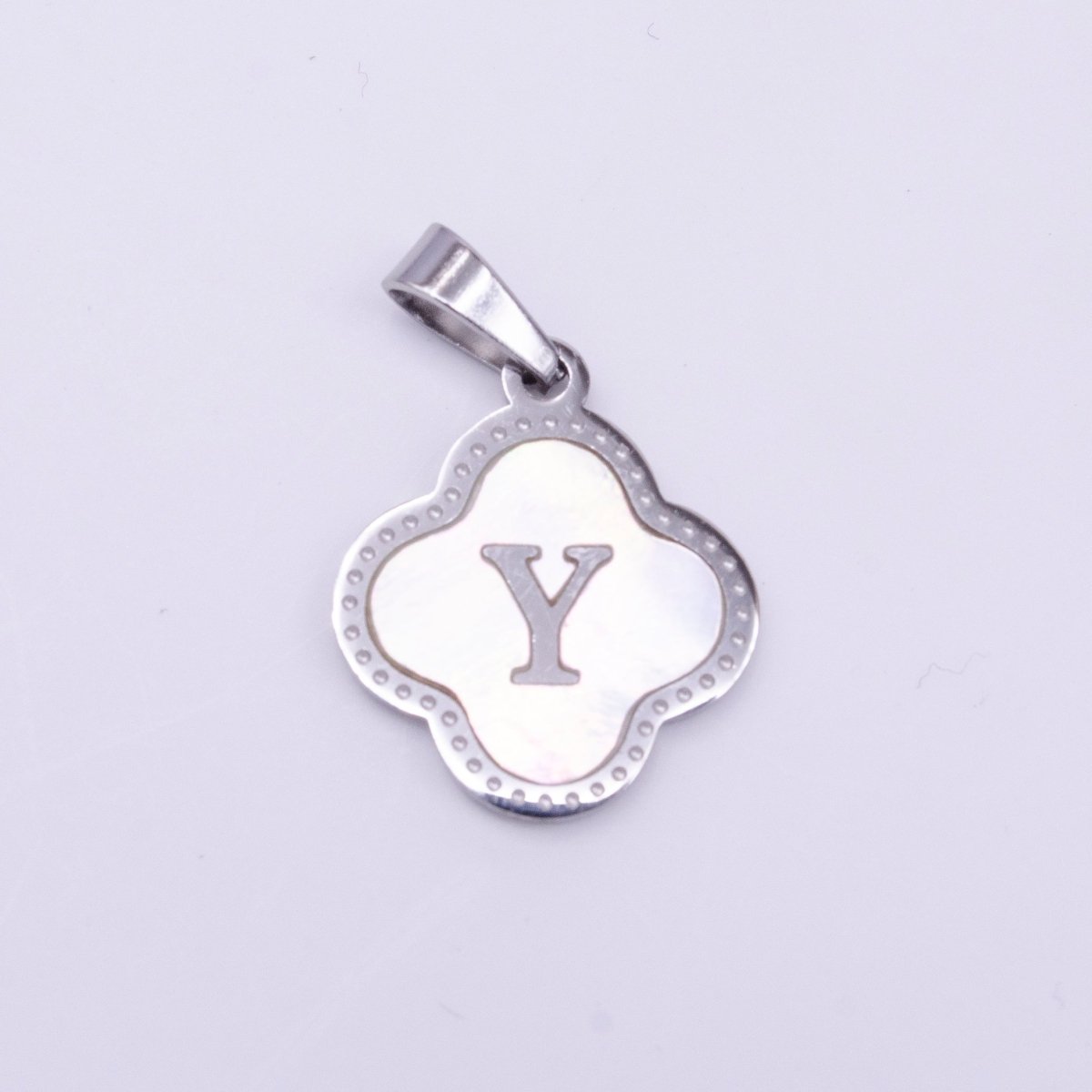 Stainless Steel A-Z Initial Letter Shell Pearl Quatrefoil Clover Silver Pendant Lucky Charm | A-754-A-766