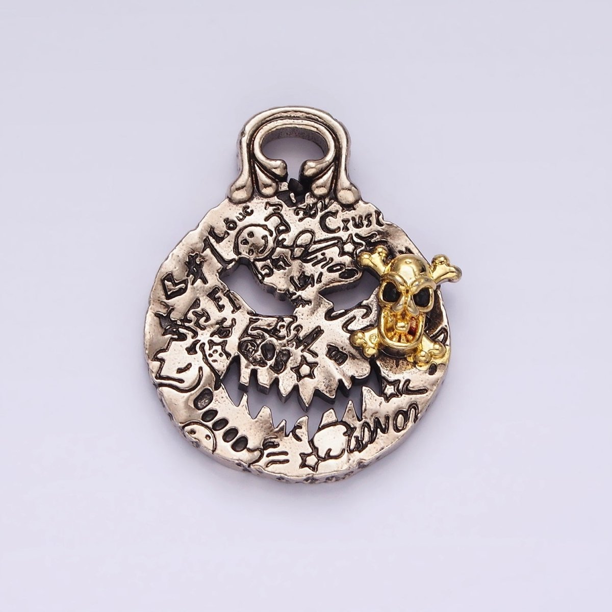 14K Gold Filled Skeleton Engraved Script Hammered Mixed Metal Pendant | P862