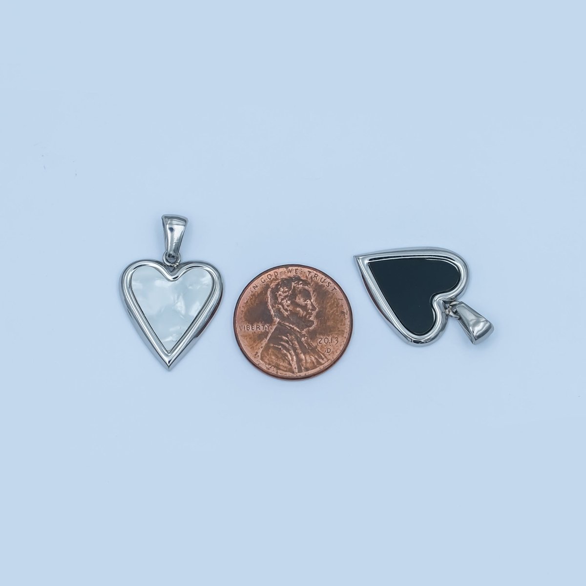 Stainless Steel Black, White Enamel Heart Bezel Pendant | P1420