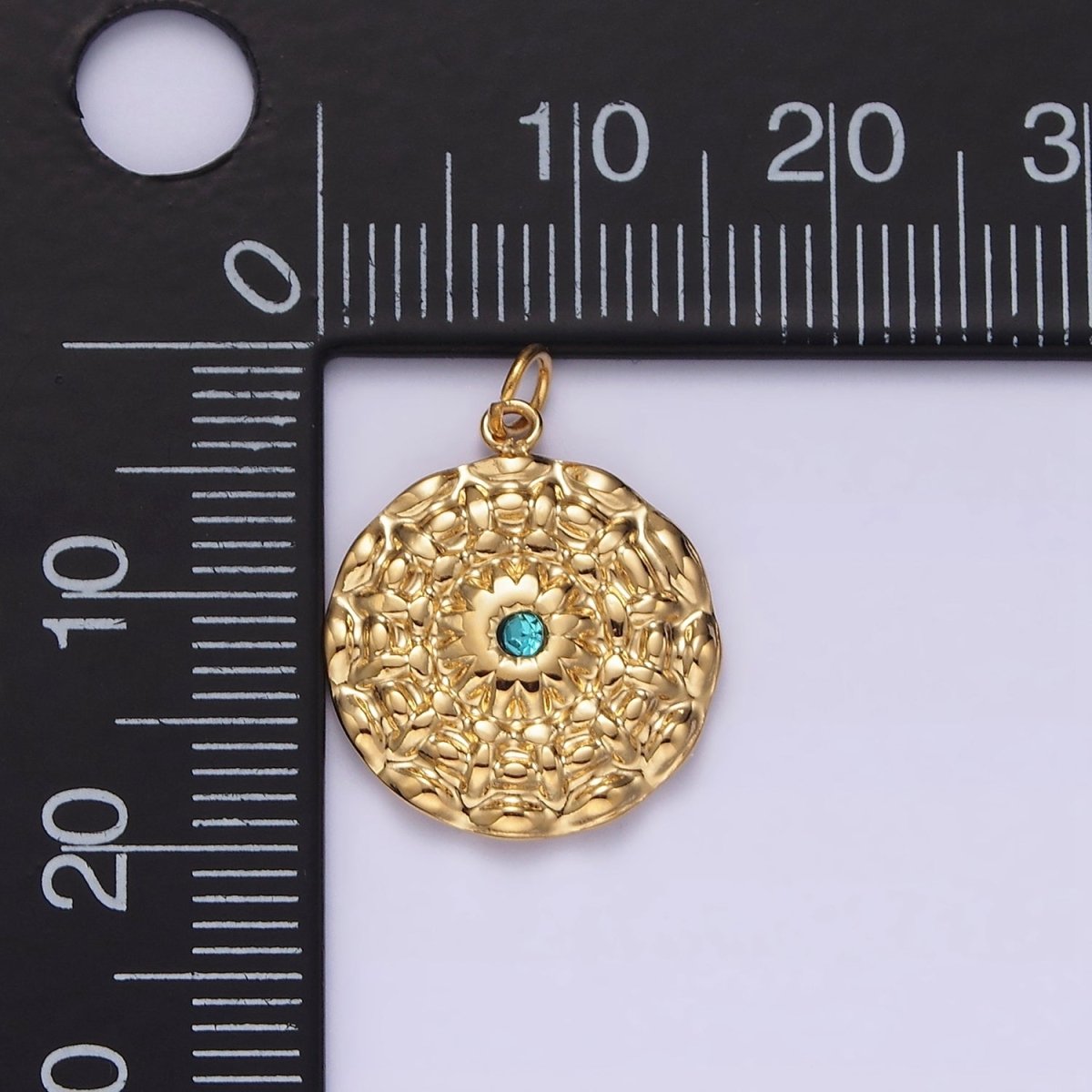 Stainless Steel Blue CZ Celestial Sun Flower Hammered Round Charm P-622