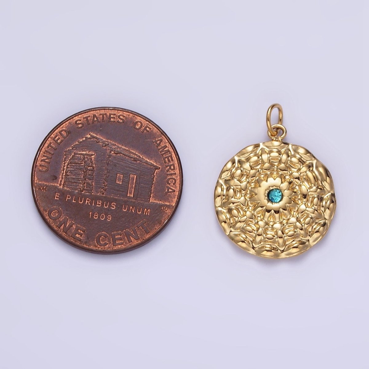 Stainless Steel Blue CZ Celestial Sun Flower Hammered Round Charm P-622