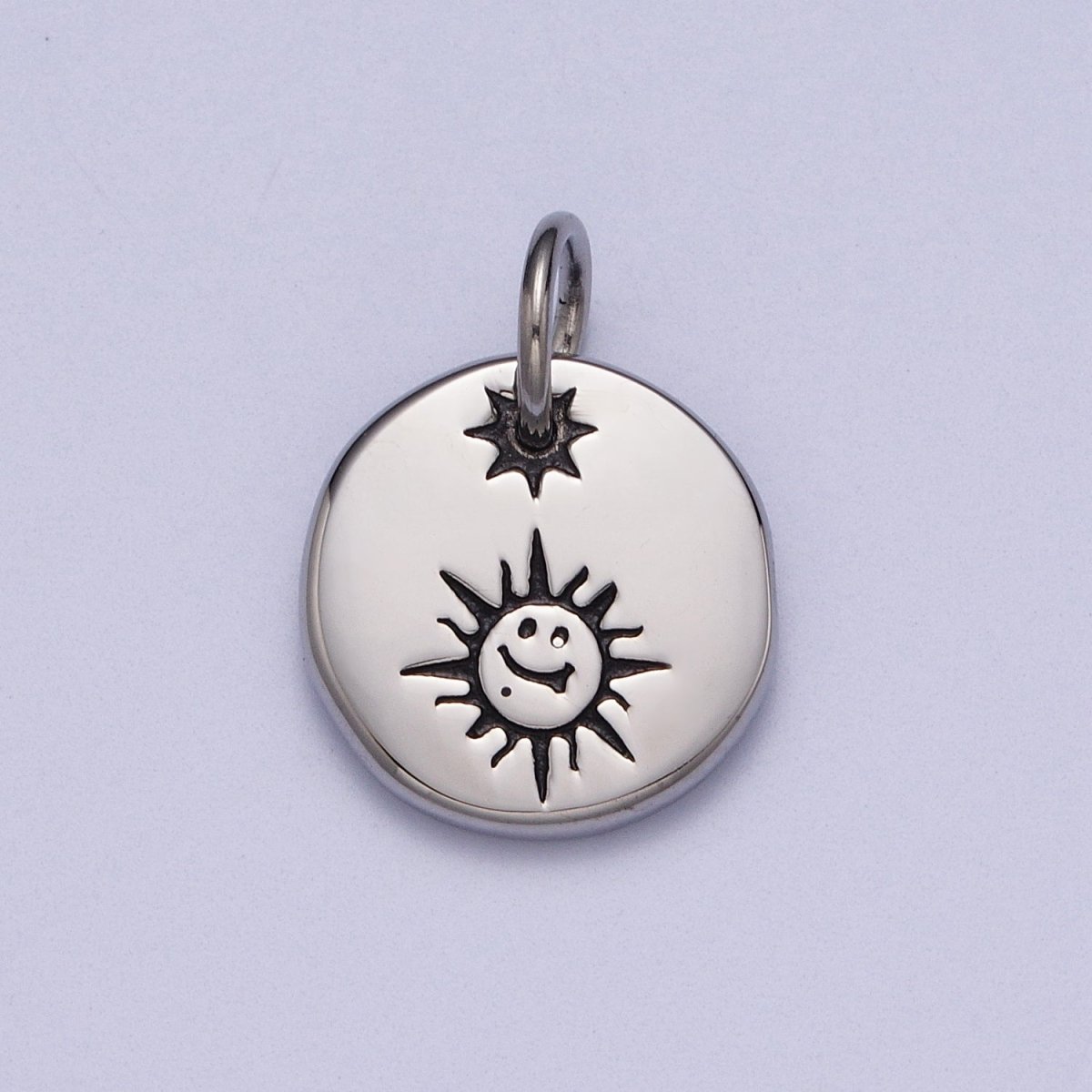 Stainless Steel Celestial Smiley Face Sunshine Star Round Charm P-615
