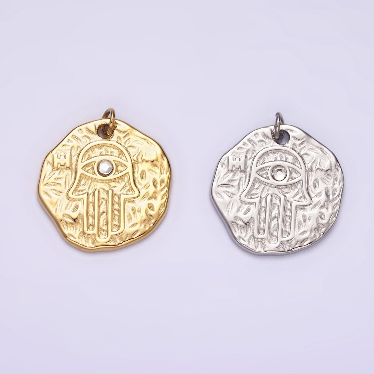 Stainless Steel Clear CZ Evil Eye Hamsa Hand Dented Abstract Round Charm in Gold & Silver | P1288