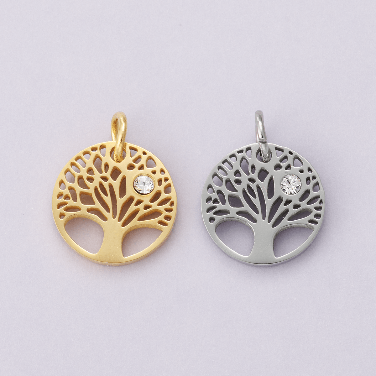 Stainless Steel Clear CZ Natural Tree Open Charm in Gold & Silver | E00631