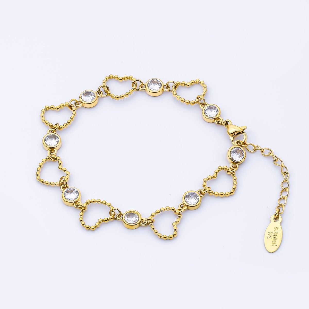 18K Gold PVD Stainless Steel Clear CZ Round Open Beaded Bubble Heart 6.5 Inch Bracelet | WA-04009
