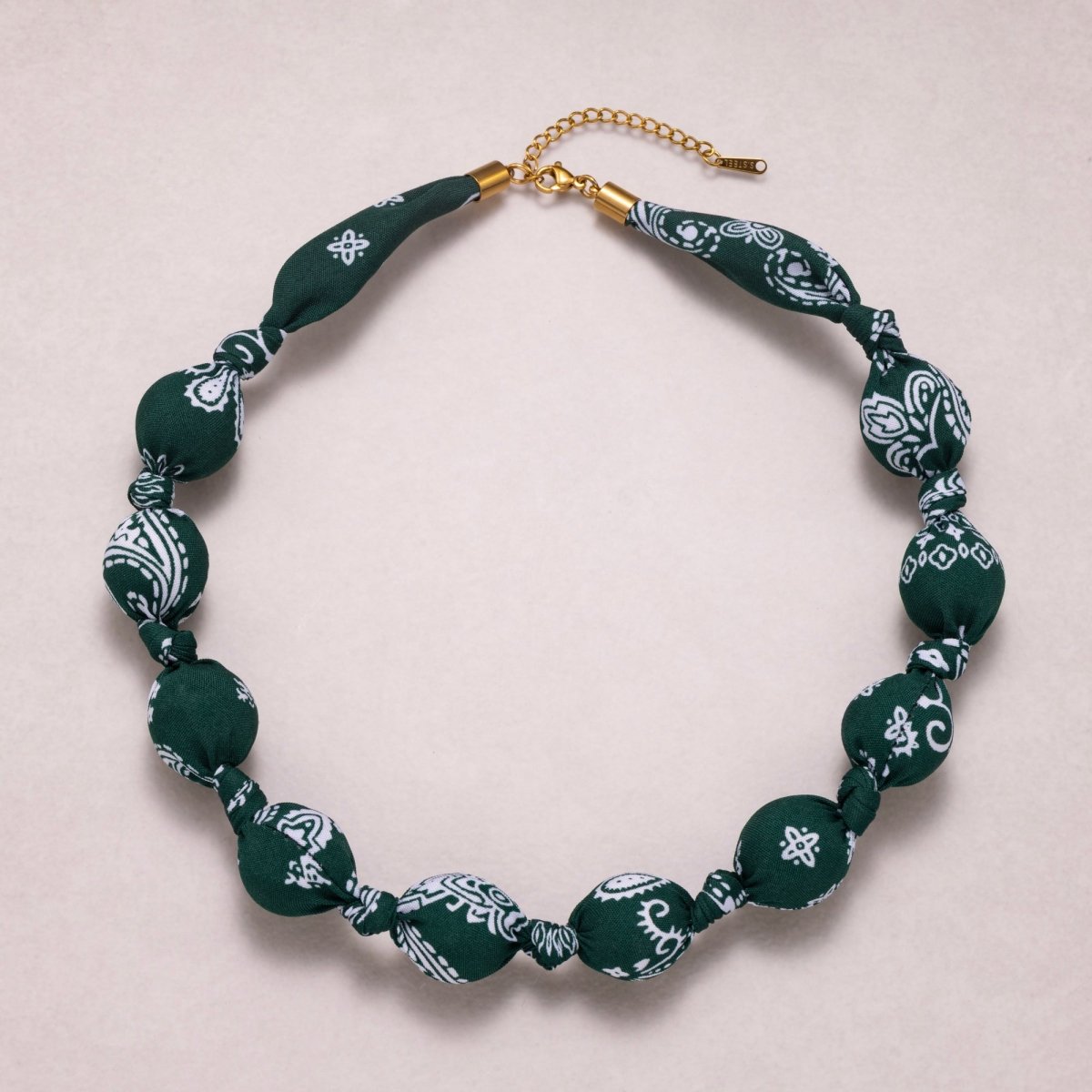 Stainless Steel Colorful Fabric Wrapped Bead Statement 17 Inch Handmade Scarf Necklace w. Extender | WA-04396 - WA-04400