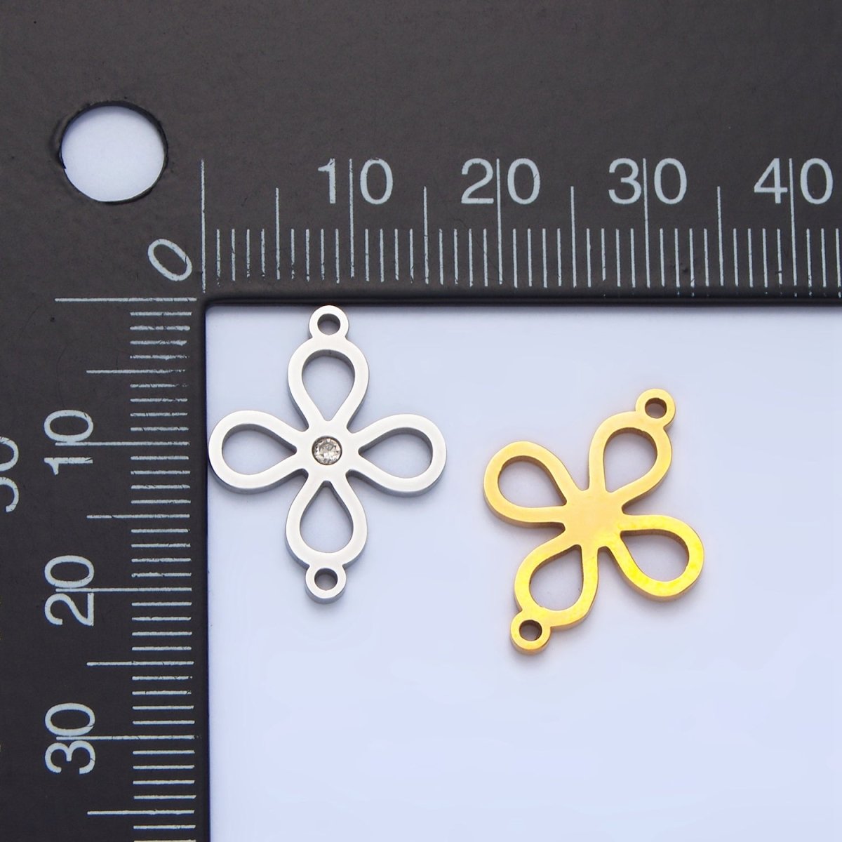 Stainless Steel CZ Lucky Charm Four Leaf Clover Charm Connector in Gold & Silver | F-412