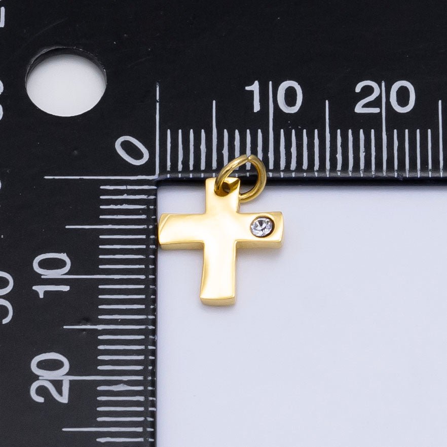 Stainless Steel 12mm Clear CZ Minimalist Cross Charm in Gold & Silver | P1294