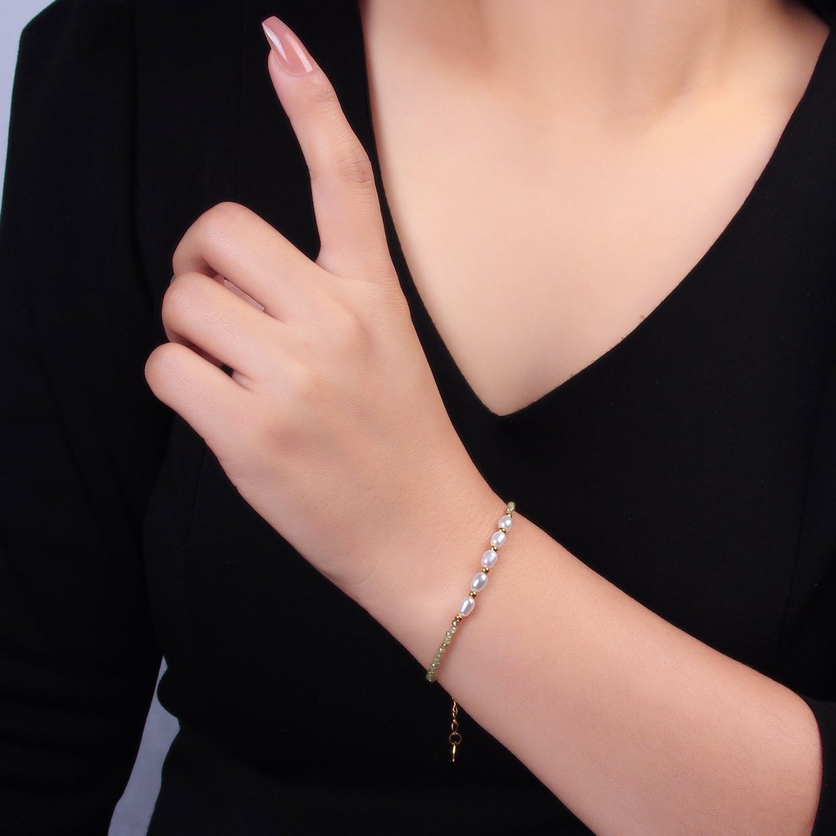 Stainless Steel Freshwater Pearl Multifaceted Crystal Gemstone 7 Inch Bracelet | WA-3132