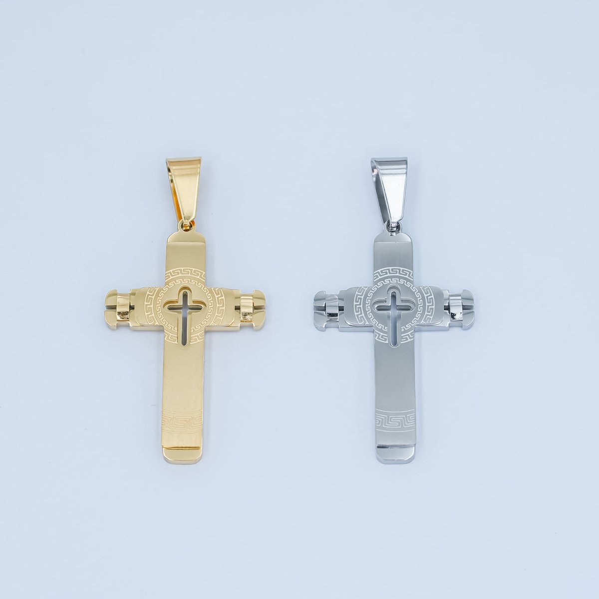 Stainless Steel Geometric Engraved Cross Pendant in Gold & Silver | P838