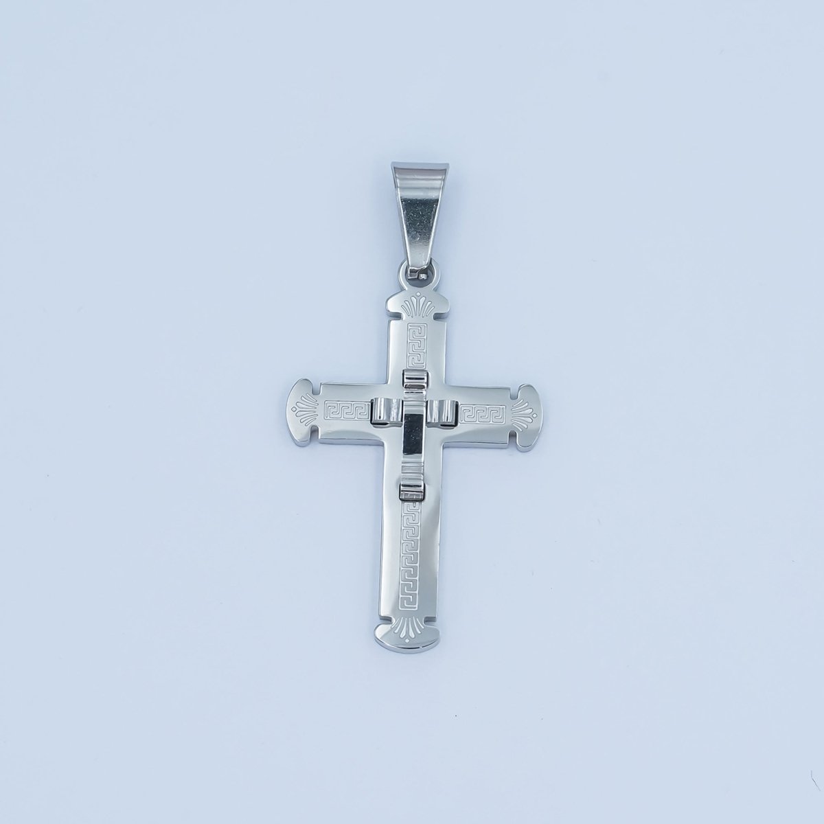 Stainless Steel Geometric Engraved Double Cross Pendant in Gold & Silver | P626