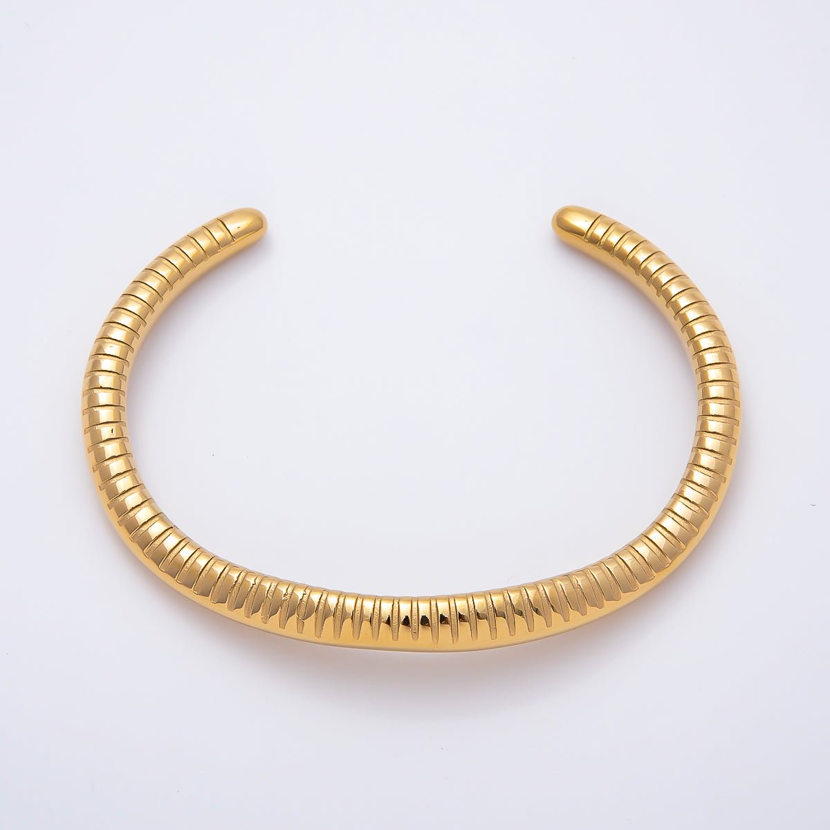 Stainless Steel Gold PVD Ribbed Lined Geometric Cuff Bracelet | WA-01506
