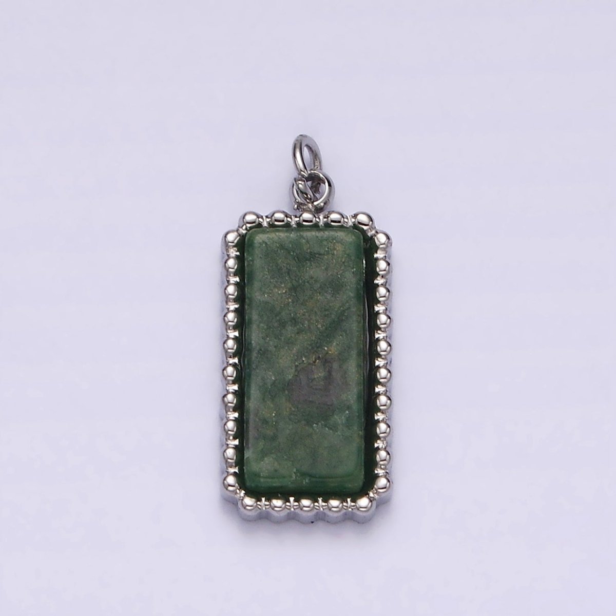 Stainless Steel Green Aventurine Dotted Bezel Rectangular Tag Charm in Gold & Silver | P1299