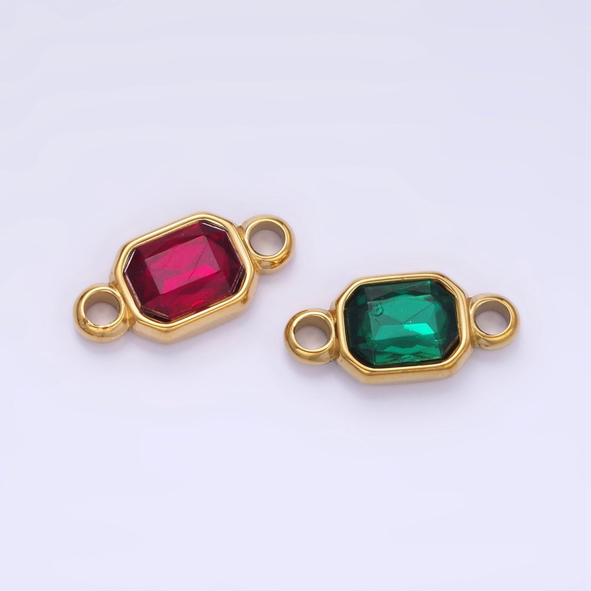 Stainless Steel Green, Red Multifaceted CZ Hexagonal Bezel Connector | G362