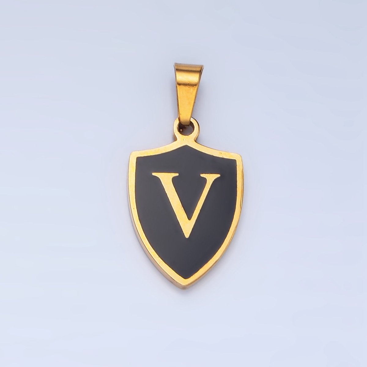Stainless Steel Letter Initial Shield Black-White Enamel Double Sided Charm | A-A1617-A-A1629
