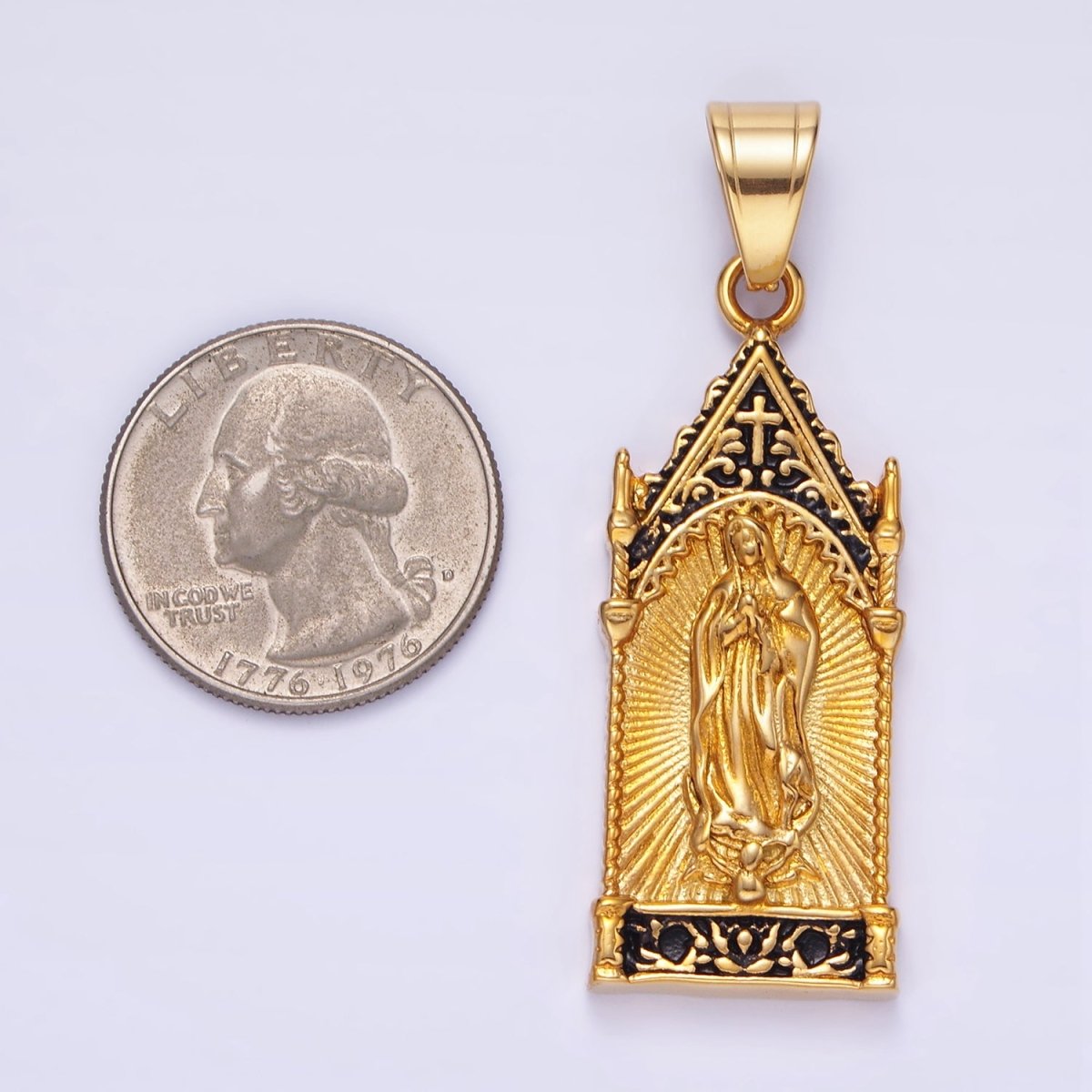 Stainless Steel 45mm Miraculous Mary Sunburst Religious Pendant in Gold & Oxidized Silver | P1459