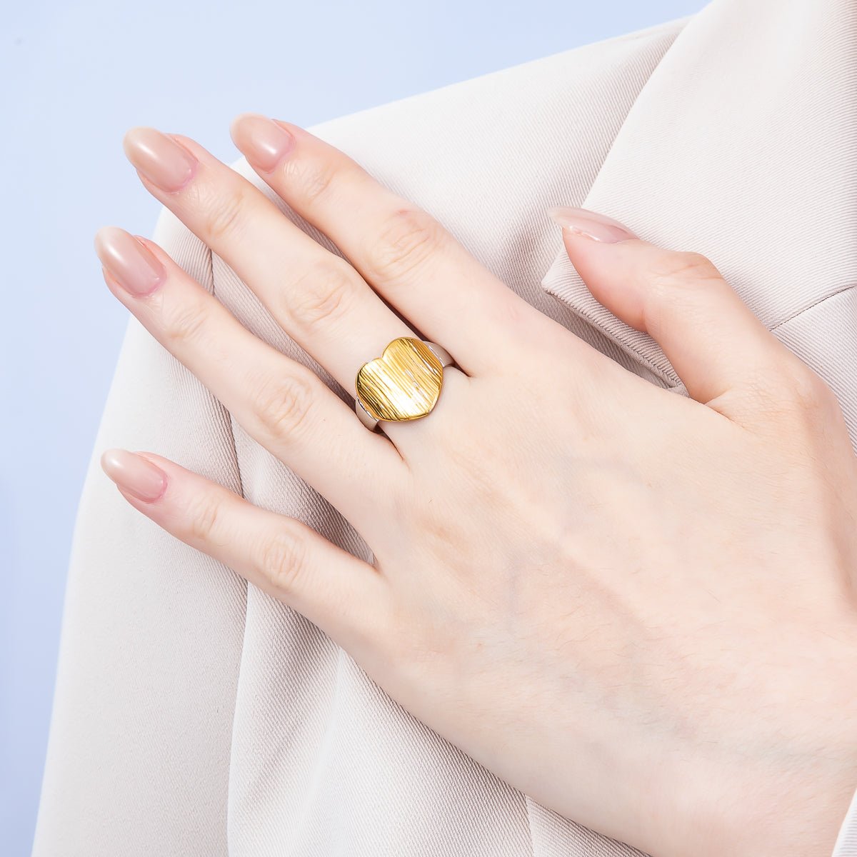 Stainless Steel Mixed Metal Curved Heart Textured Ring | Rings-00188