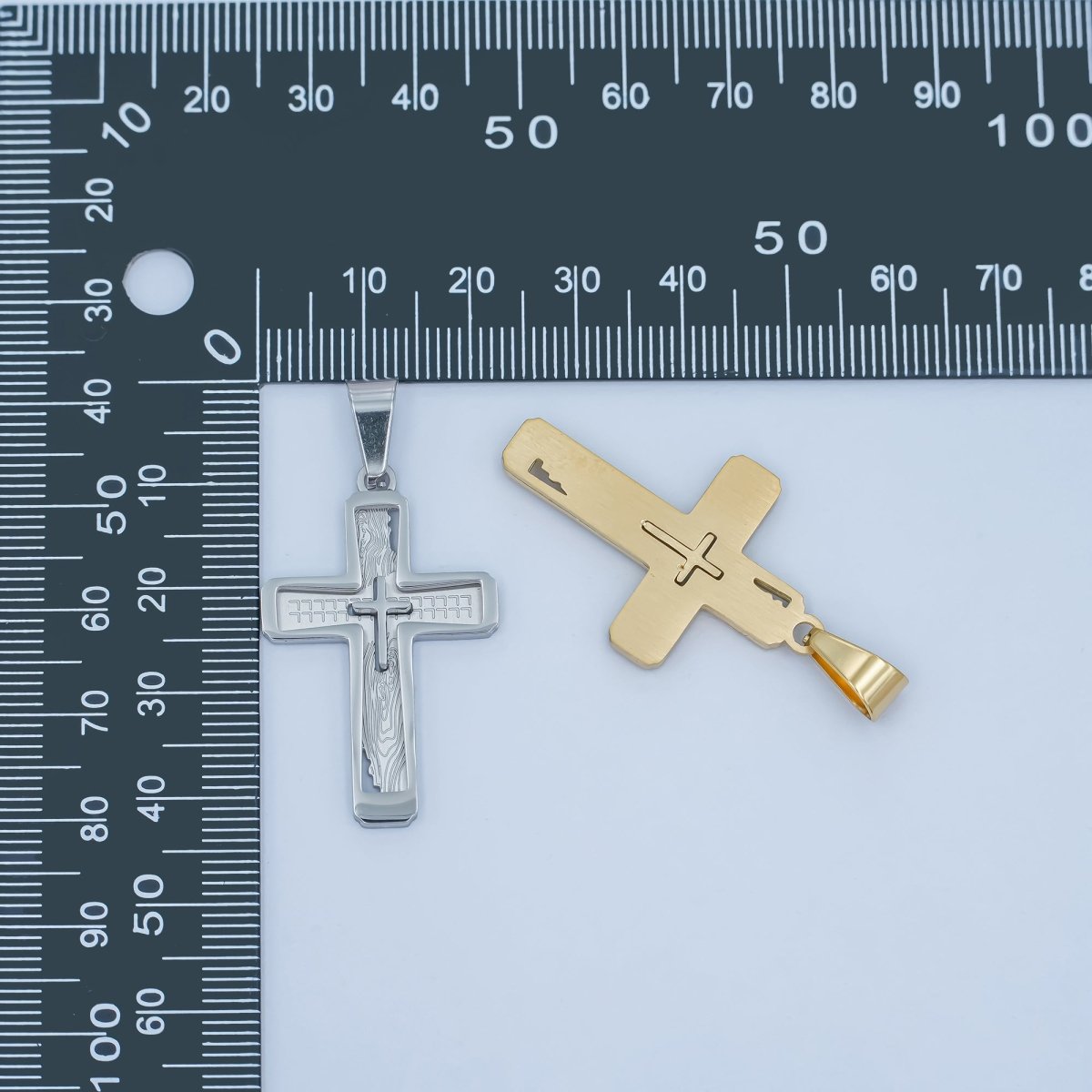 Stainless Steel Open Geometric Engraved Double Cross Pendant in Gold & Silver | P858