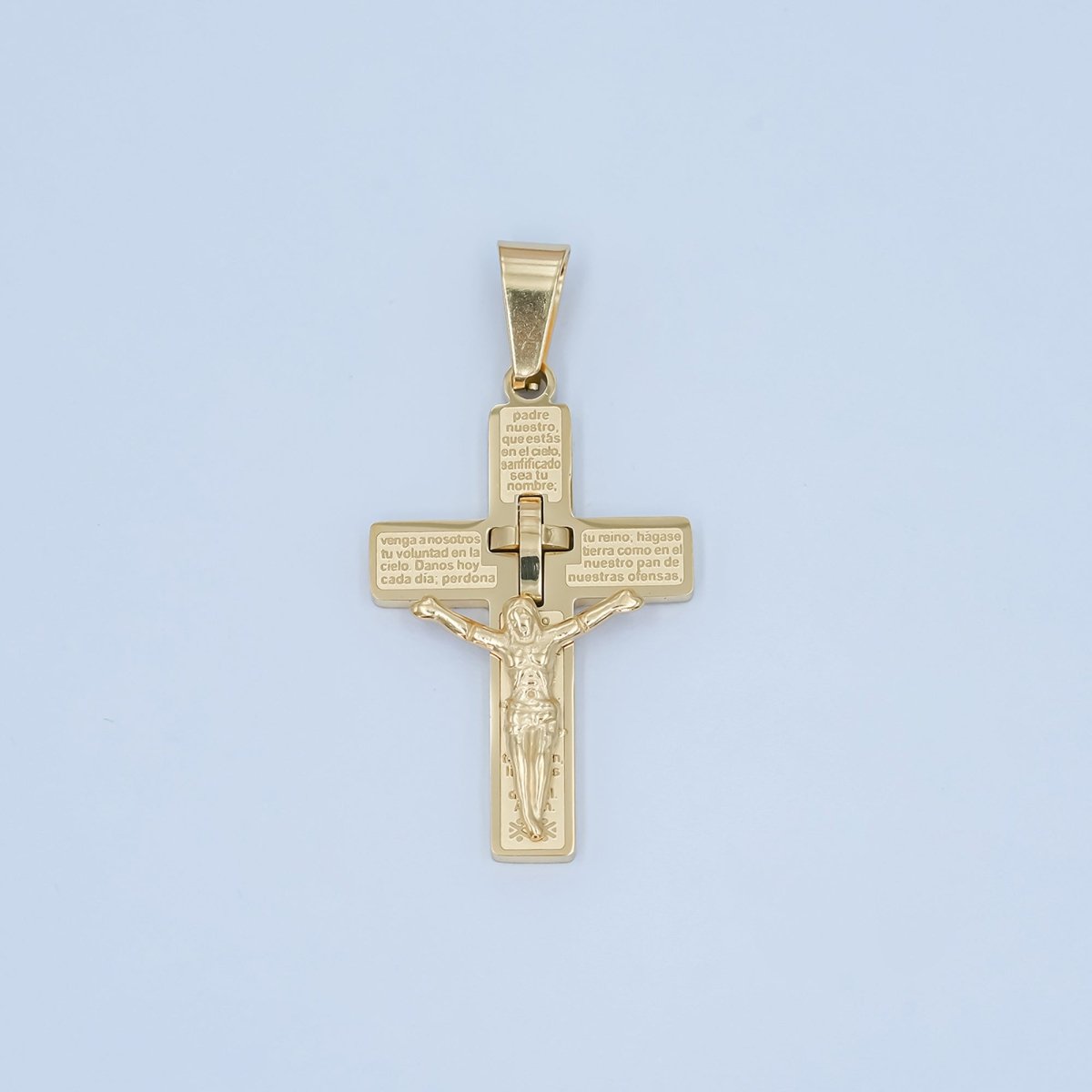Stainless Steel 35mm "Padre Nuestro" Script Crucifix Cross Pendant in Gold & Silver | P1071