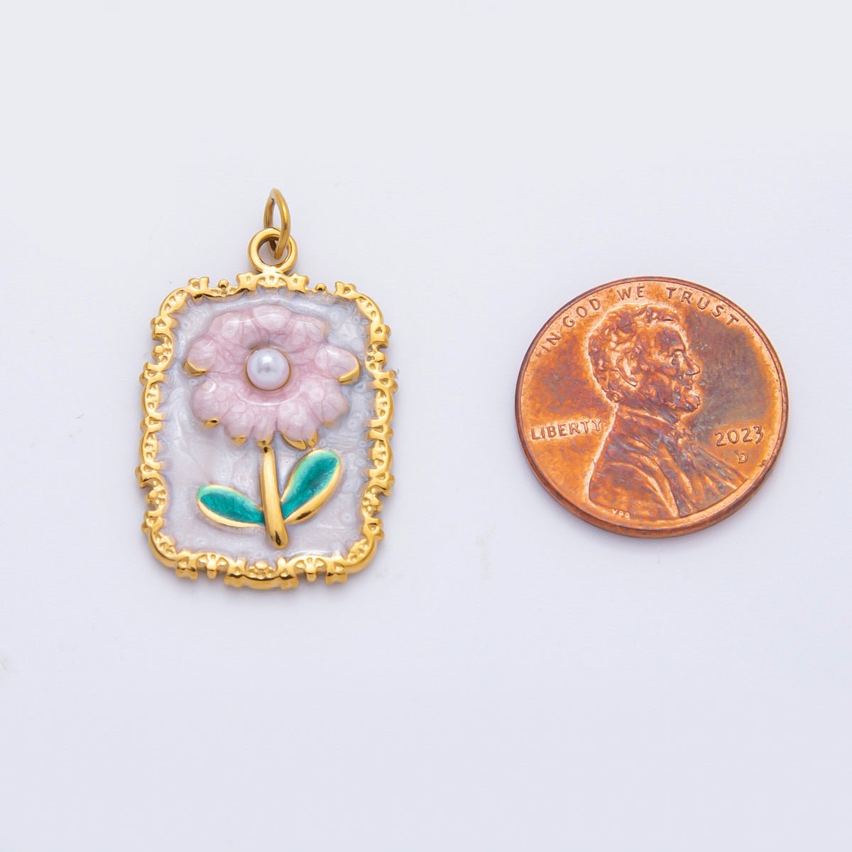 Stainless Steel Pink Daisy Flower Enamel Geometric Tag Rectangular Charm | C095