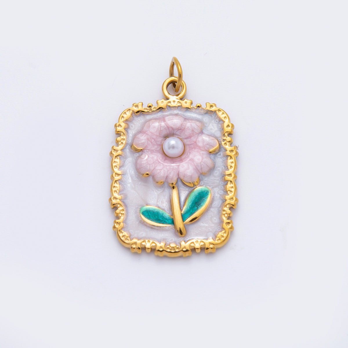 Stainless Steel Pink Daisy Flower Enamel Geometric Tag Rectangular Charm | C095