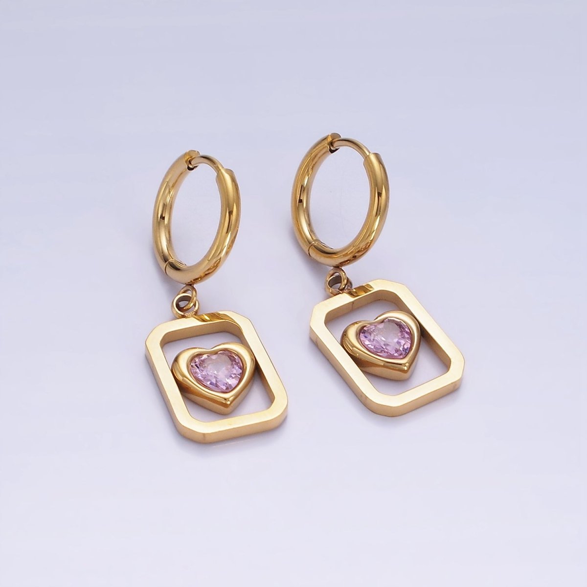 Stainless Steel Pink Heart CZ Open Tag Drop Huggie Earrings | AE459