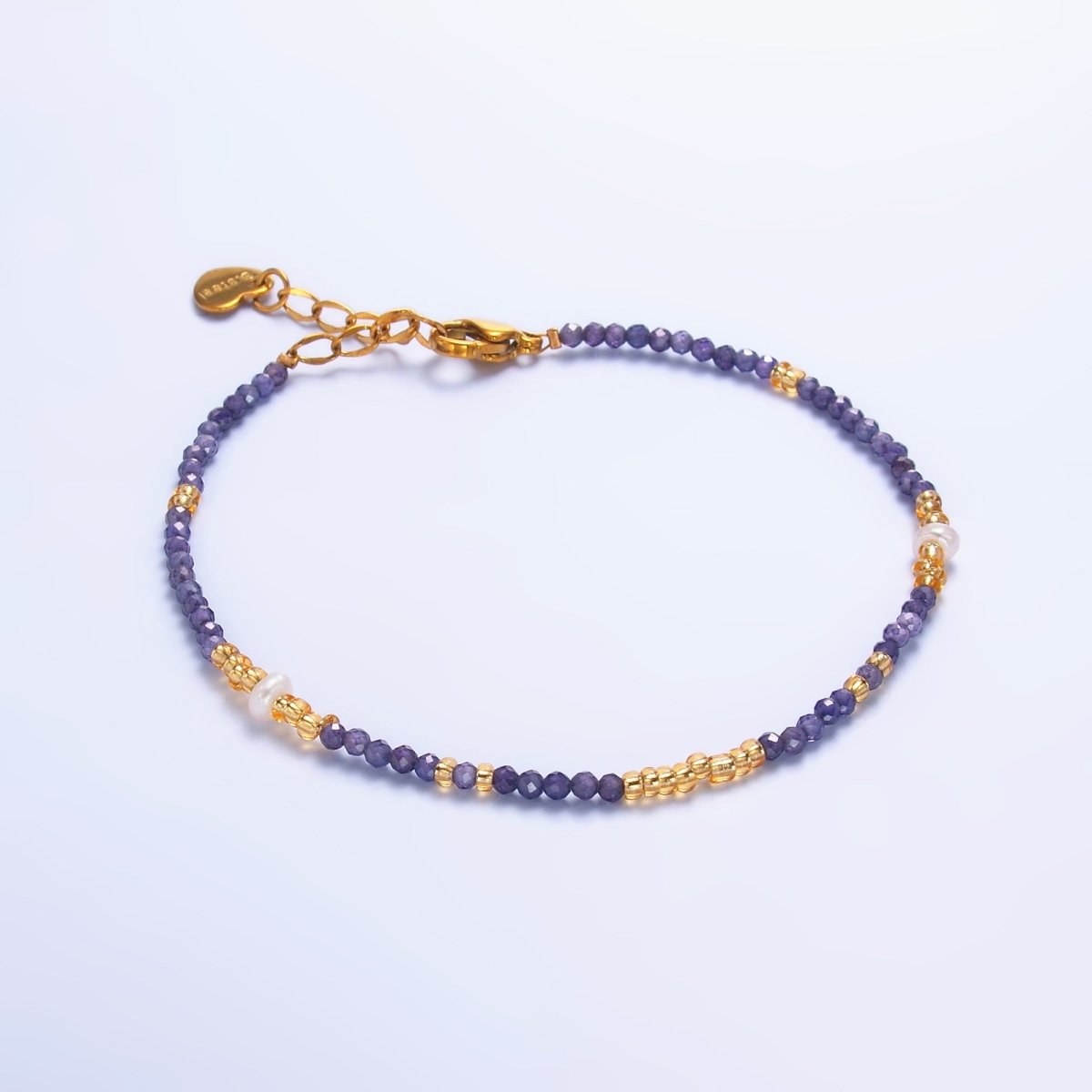 Stainless Steel Purple Amethyst Crystal Gemstone Bead 7 Inch Bracelet | WA-3116