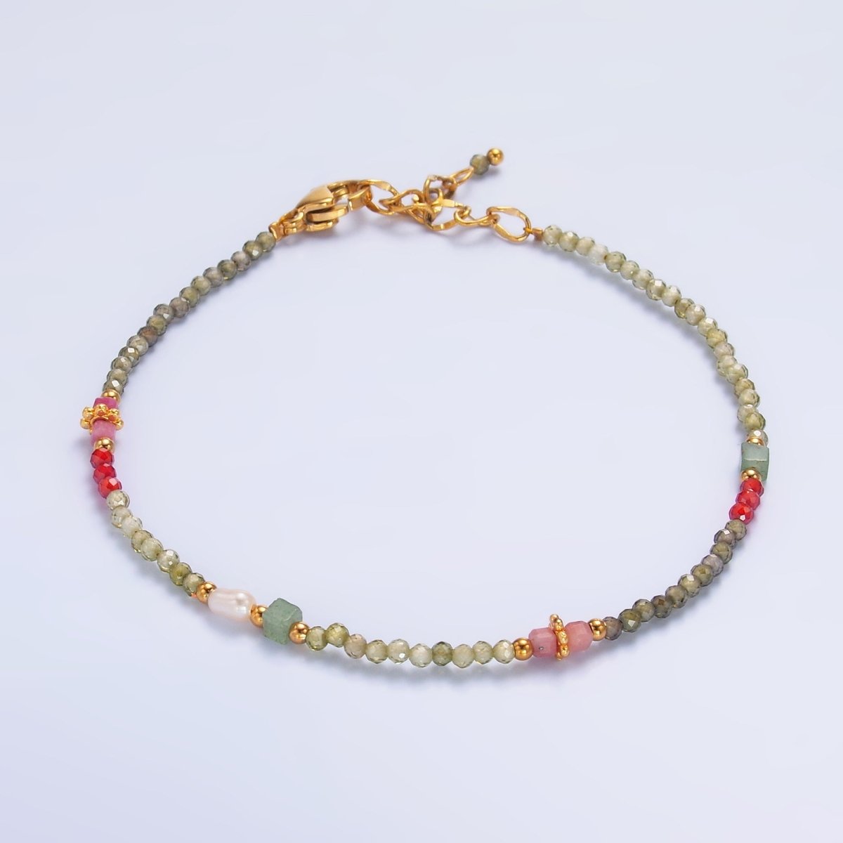 Stainless Steel Red-Pink Green Multifaceted Crystal Gemstone 7 Inch Bracelet | WA-3134