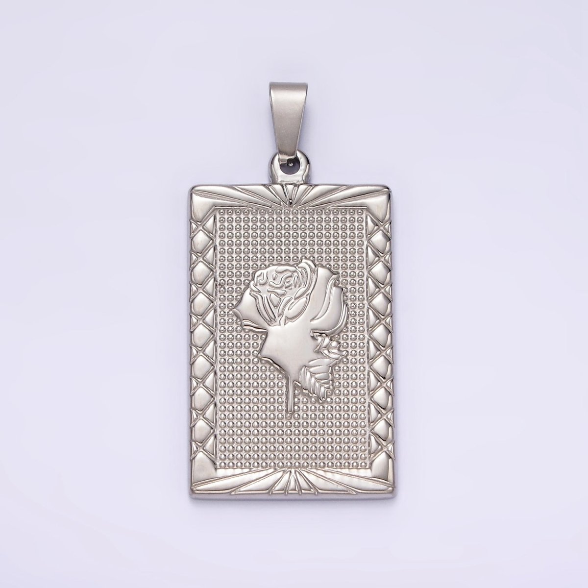 Stainless Steel Rose Flower Line-Textured Rectangular Tag Pendant in Gold & Silver | P1050 P1051