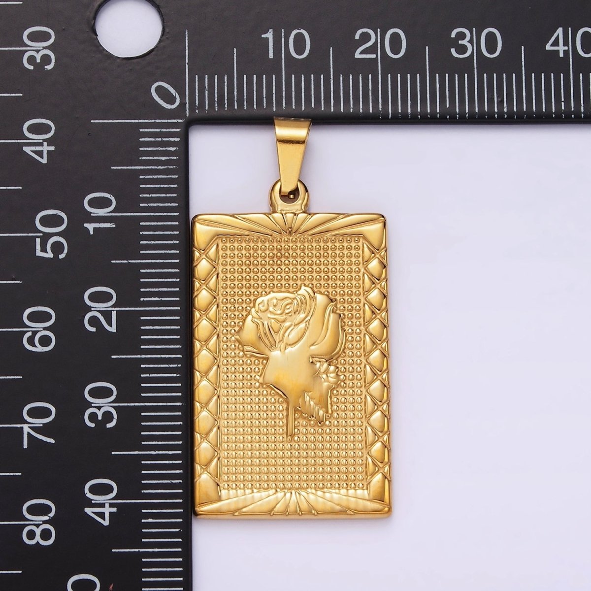 Stainless Steel Rose Flower Line-Textured Rectangular Tag Pendant in Gold & Silver | P1050 P1051