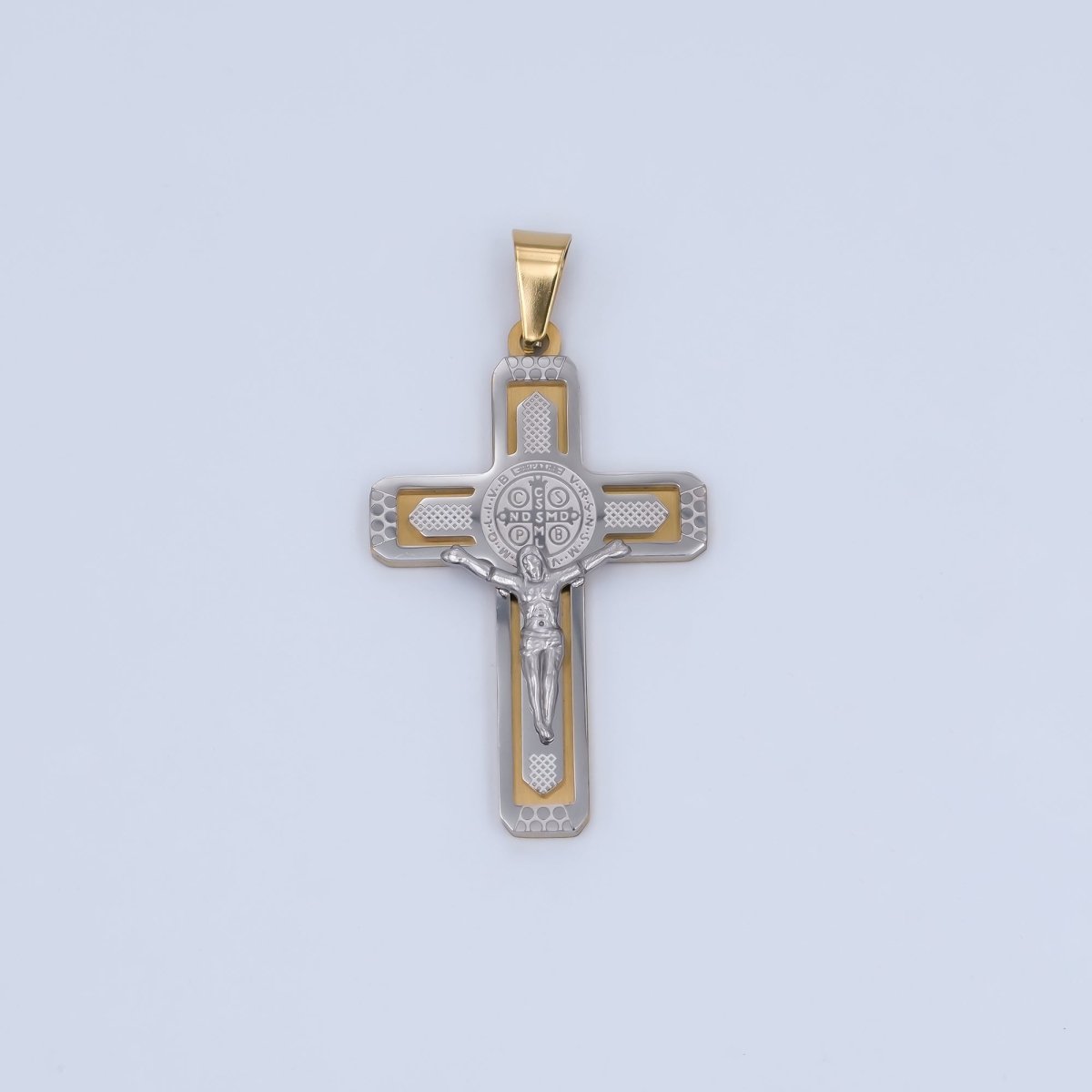 Stainless Steel Saint Benedict Jesus Crucifix Cross Mixed Metal Pendant | P969
