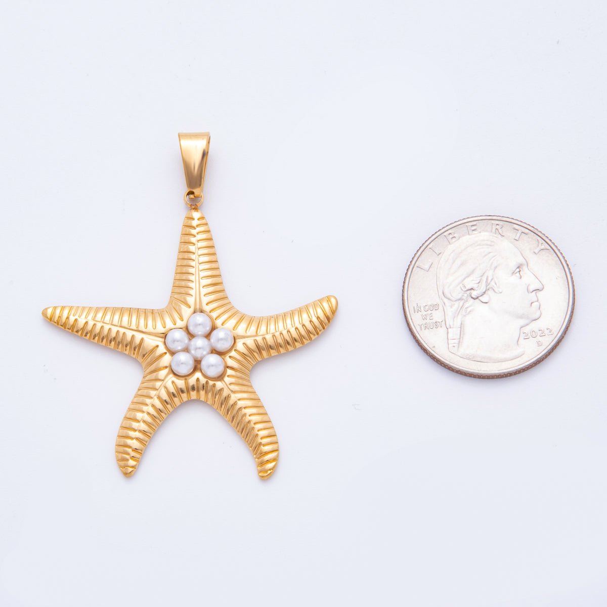 Stainless Steel Shell Pearl Lined Ribbed Starfish Pendant | J541