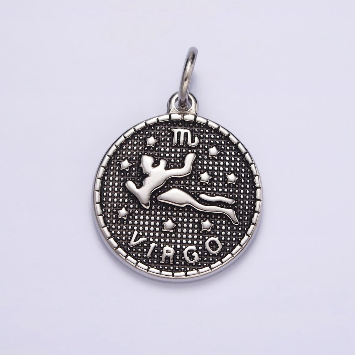 Stainless Steel Zodiac Astrological Sign Birth Star Constellation Dotted Round Silver Charm | A-A1229-A-A1234